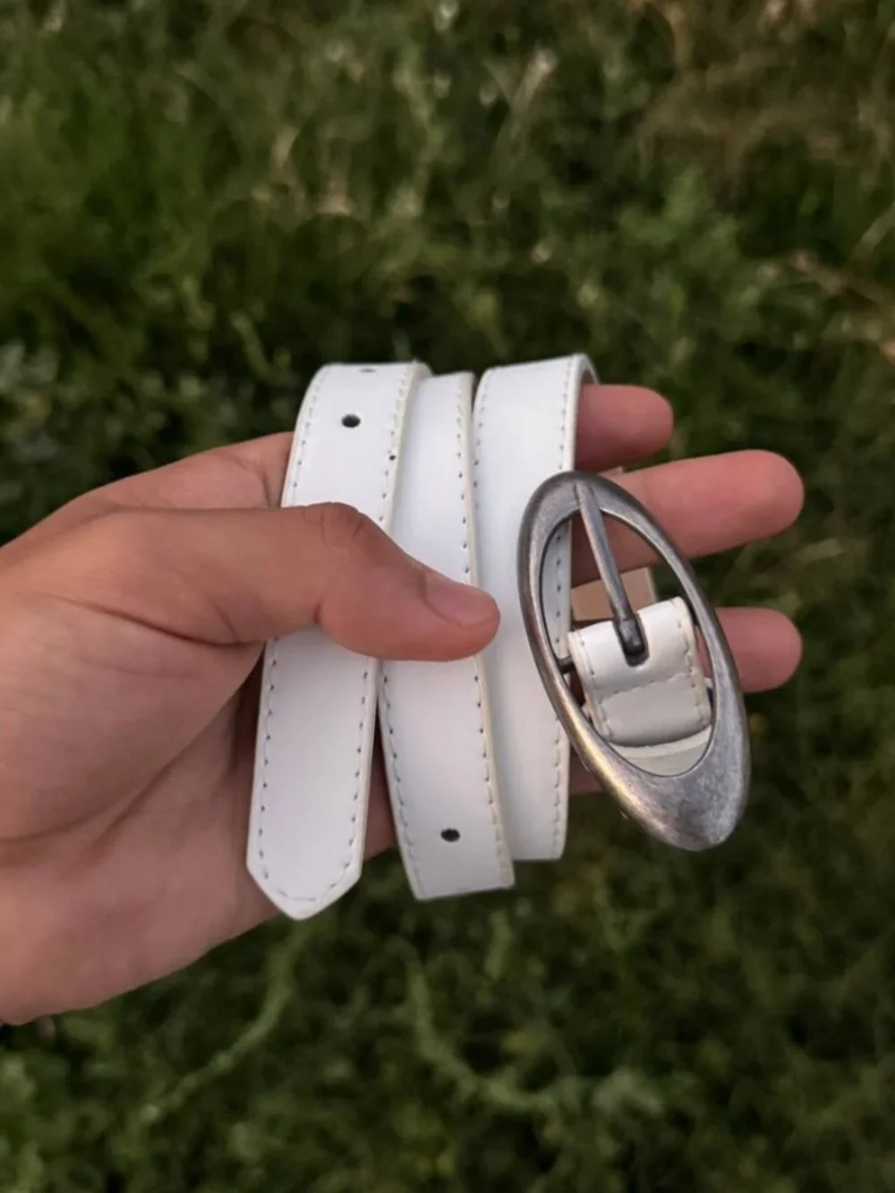 White Belt with Oversized Silver Oval Buckle